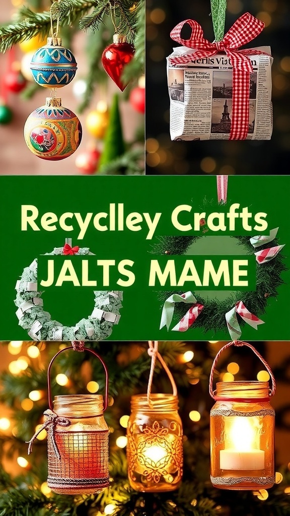 A collection of Christmas crafts including recycled ornaments, gift wrap, a fabric wreath, and jar lanterns.
